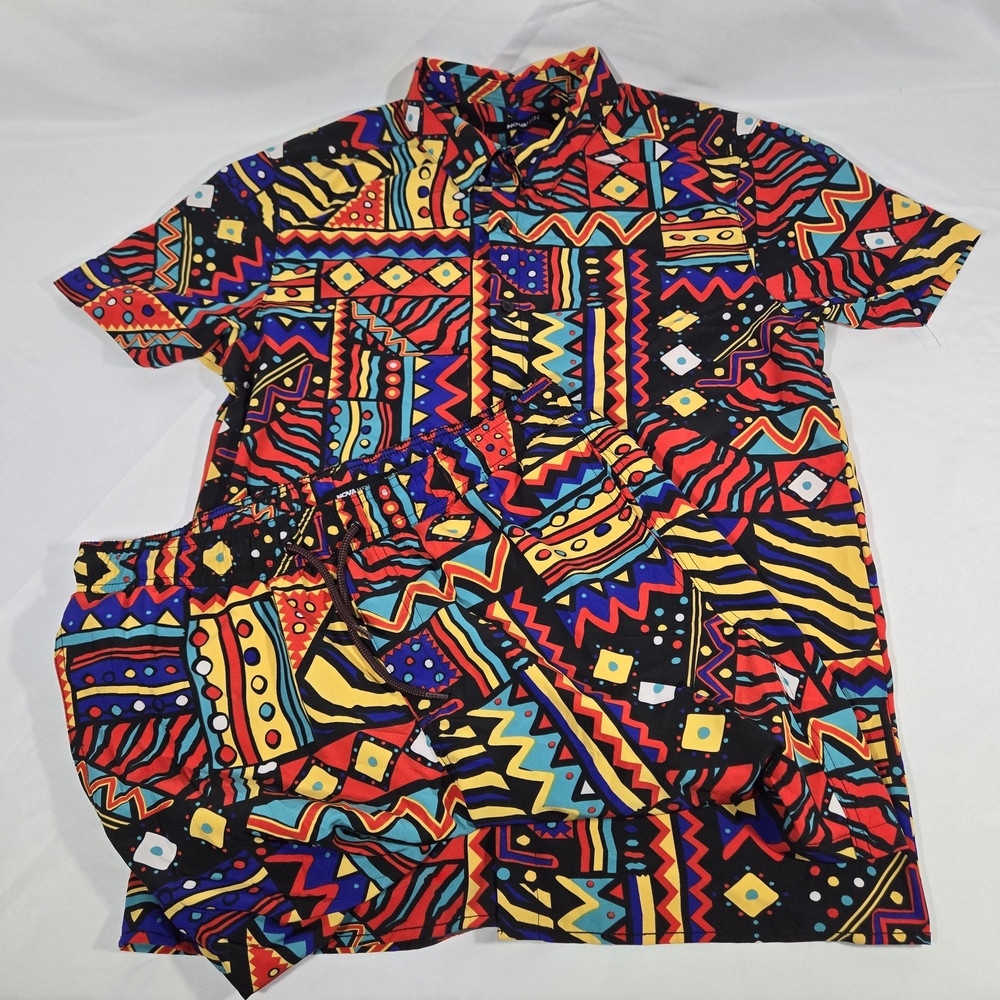 Fashion Nova Men Aztec Print Shirt & Short Set Collared Button-Up Small Colorful